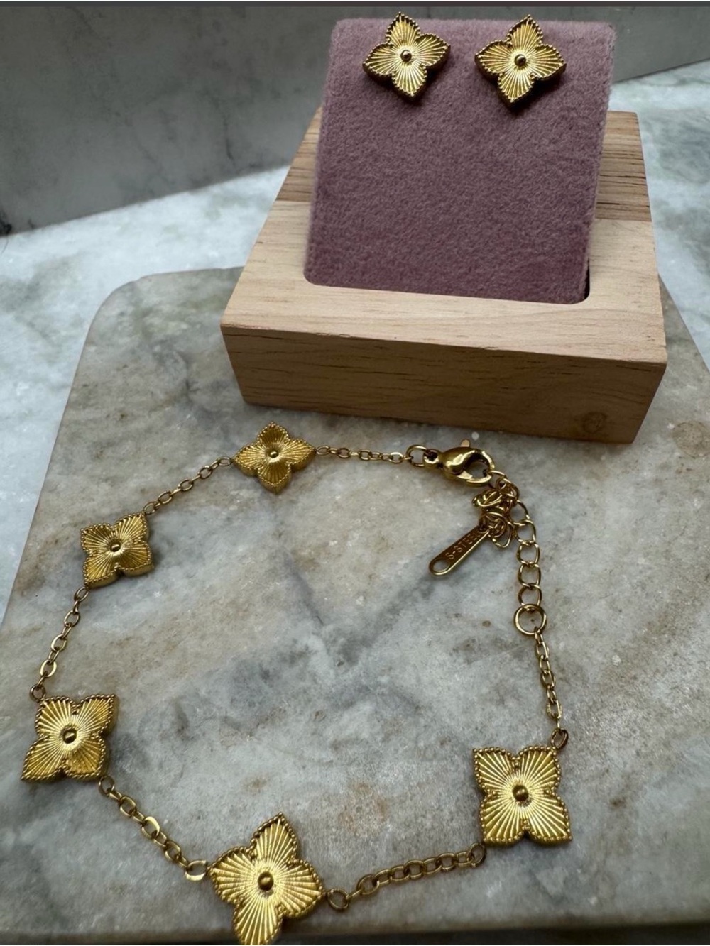 Gold Floral Link Bracelet and Stud Earrings Set